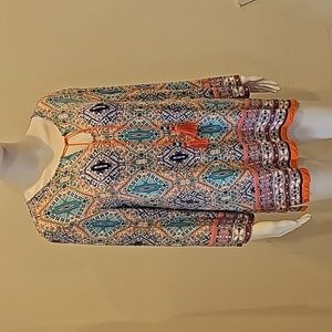 Ruby Rd. Print Tassel Tie V-Neck Top Orange Blue white Multicolor Size L